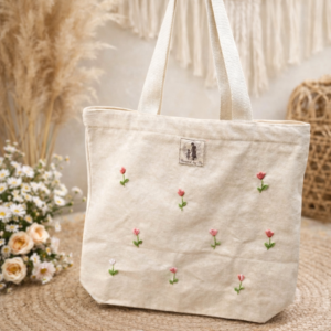 Blushing buds hand embroidered tote canvas bag with zip